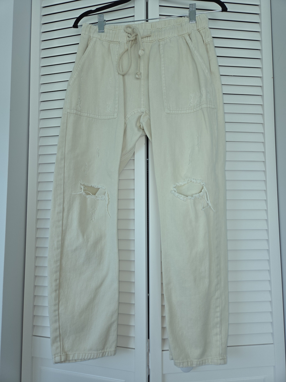 Mustard Seed Cream Distressed Drawstring Jogger Pants with Knee Rips